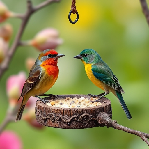 Garden birds sharing suet block holder
