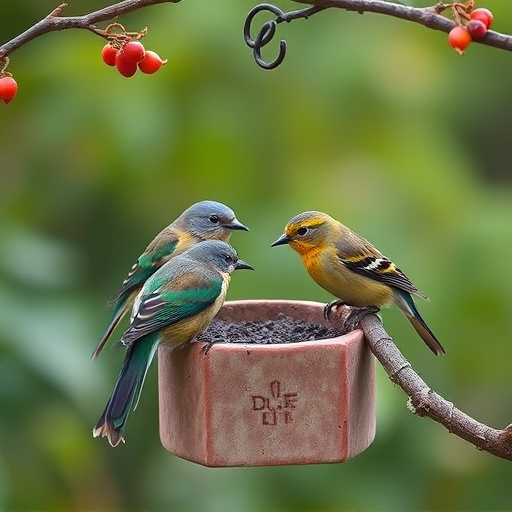 Garden birds sharing suet block holder