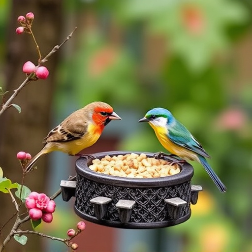 Garden birds sharing suet block holder