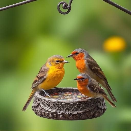 Garden birds sharing suet block holder