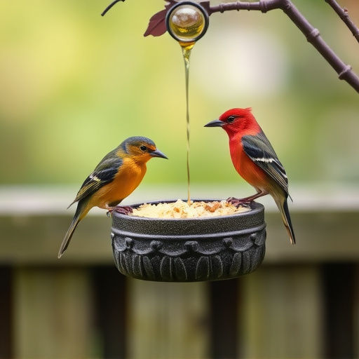 Garden birds sharing suet block holder