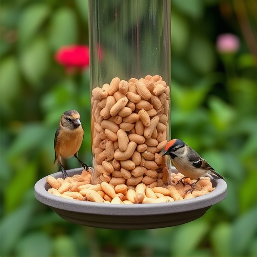 Garden feeder filled with bird peanuts
