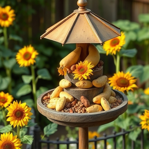 Garden feeding station filled with sunflower hearts