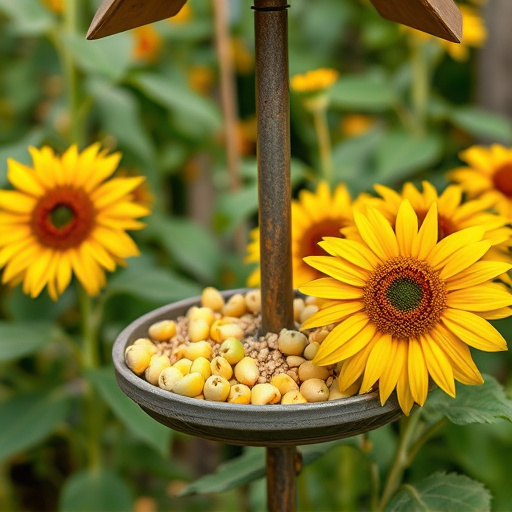Garden feeding station filled with sunflower hearts