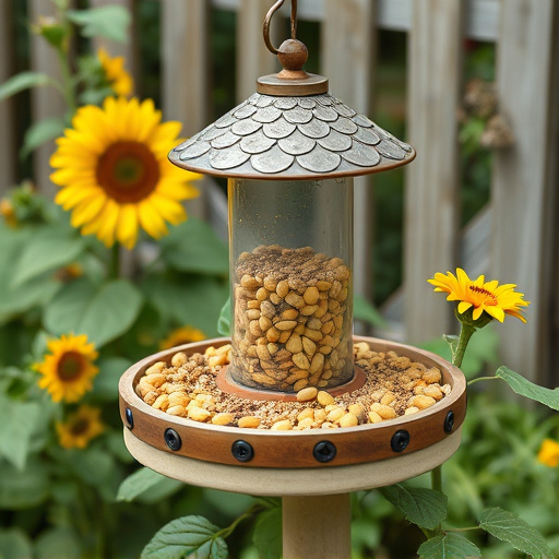 Garden feeding station filled with sunflower hearts