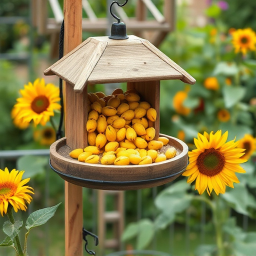 Garden feeding station filled with sunflower hearts