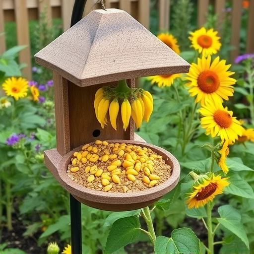 Garden feeding station filled with sunflower hearts