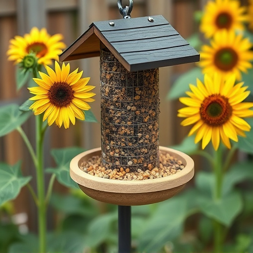 Garden feeding station filled with sunflower hearts