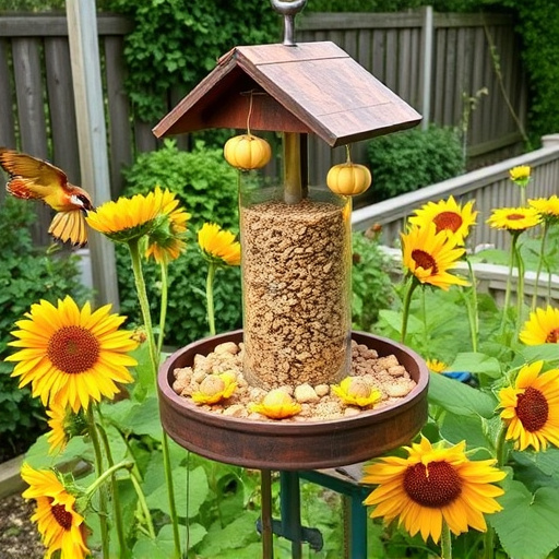 Garden feeding station filled with sunflower hearts