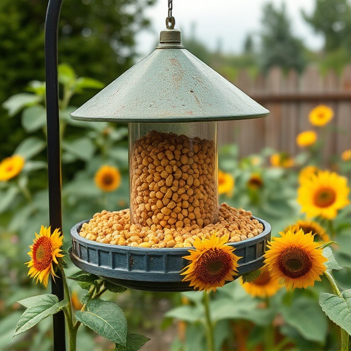 Garden feeding station filled with sunflower hearts