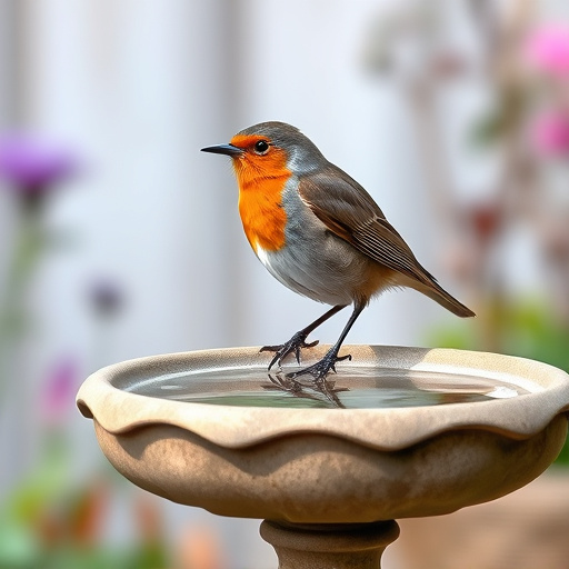 Garden robin perching on shallow bird bath