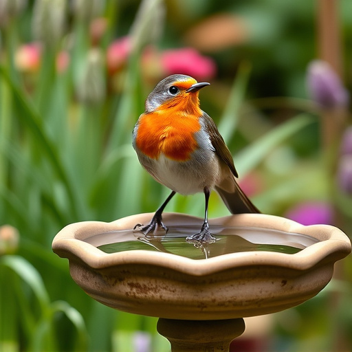 Garden robin perching on shallow bird bath