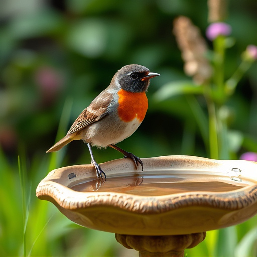 Garden robin perching on shallow bird bath