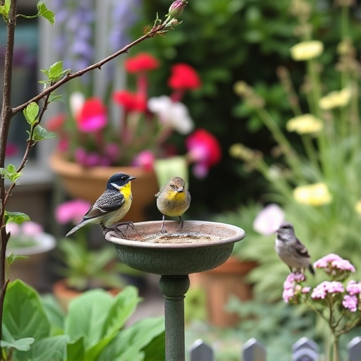 Garden scene with birds feeding suet