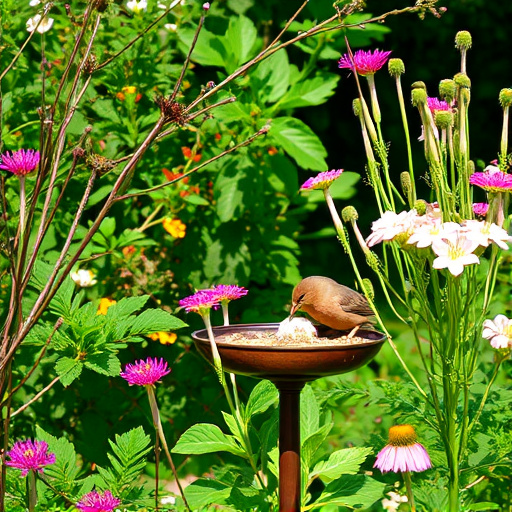 Garden scene with birds feeding suet