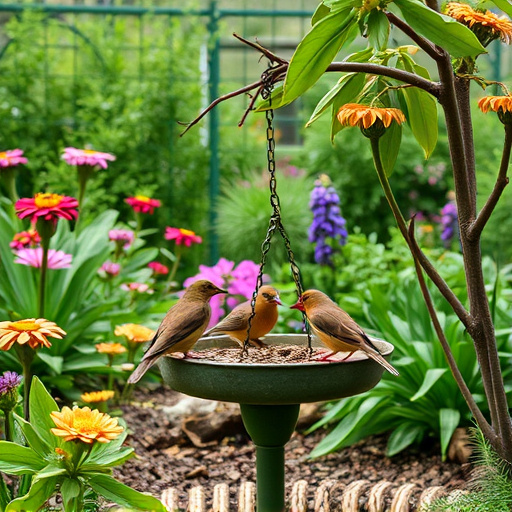 Garden scene with birds feeding suet