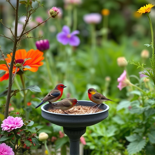 Garden scene with birds feeding suet