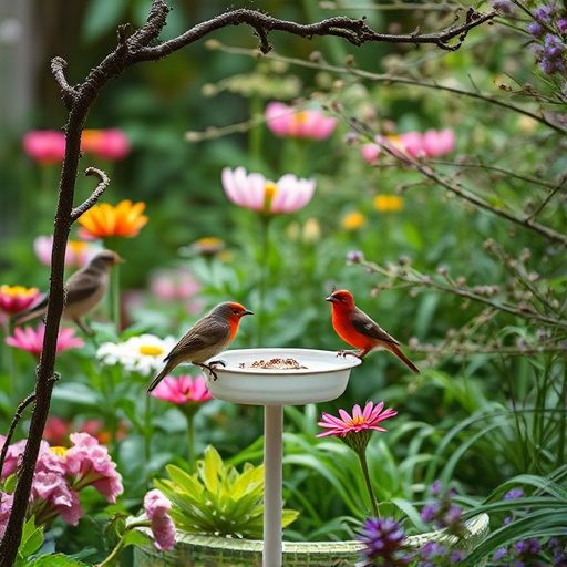 Garden scene with birds feeding suet