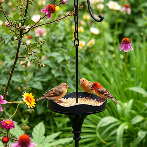 Garden scene with birds feeding suet