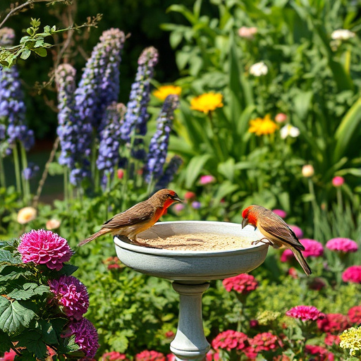 Garden scene with birds feeding suet