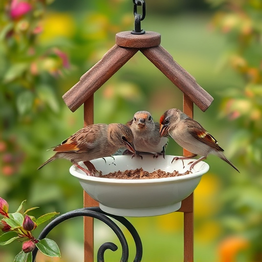 Garden sparrows eating from roofed dish