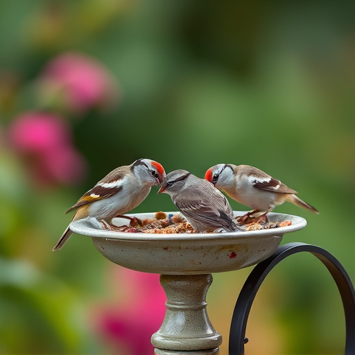 Garden sparrows eating from roofed dish