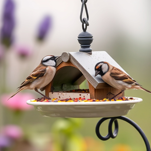 Garden sparrows eating from roofed dish