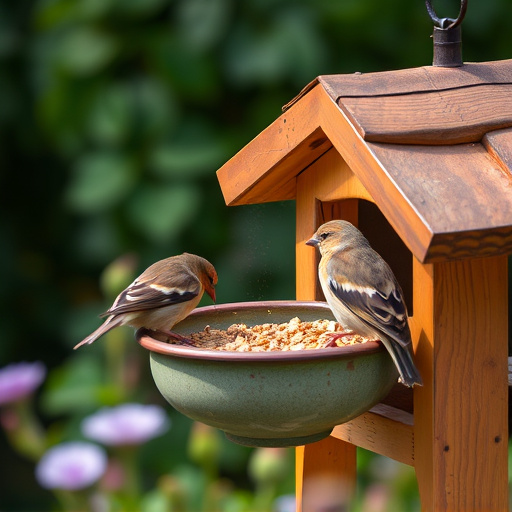 Garden sparrows eating from roofed dish