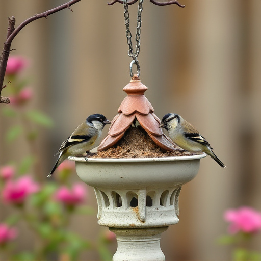 Garden sparrows eating from roofed dish