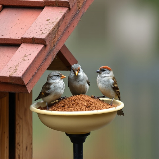 Garden sparrows eating from roofed dish