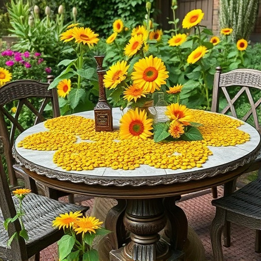 Garden table scattered with sunflower hearts