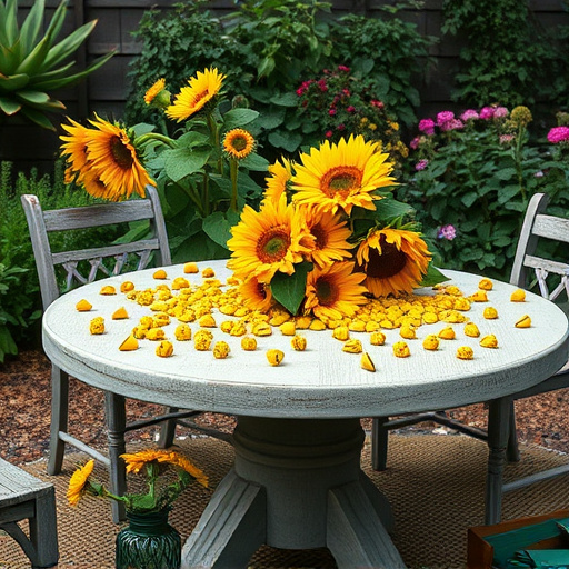 Garden table scattered with sunflower hearts