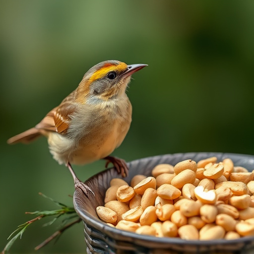 Goldcrest near dish of crushed peanuts