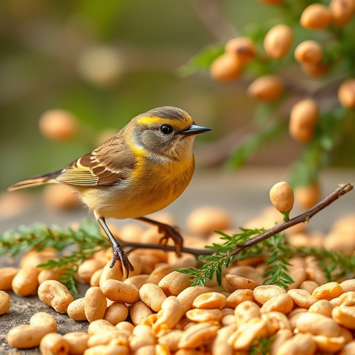 Goldcrest near dish of crushed peanuts