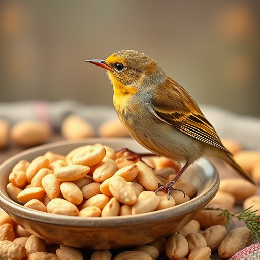 Goldcrest near dish of crushed peanuts
