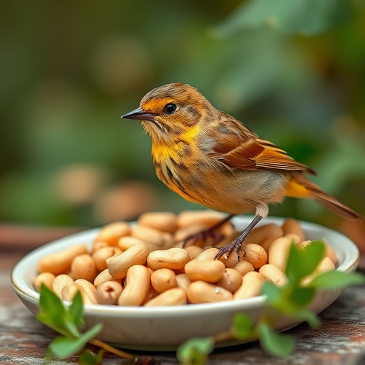 Goldcrest near dish of crushed peanuts
