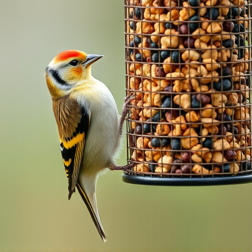 Goldfinch eating from hanging seed tube