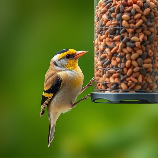 Goldfinch eating from hanging seed tube