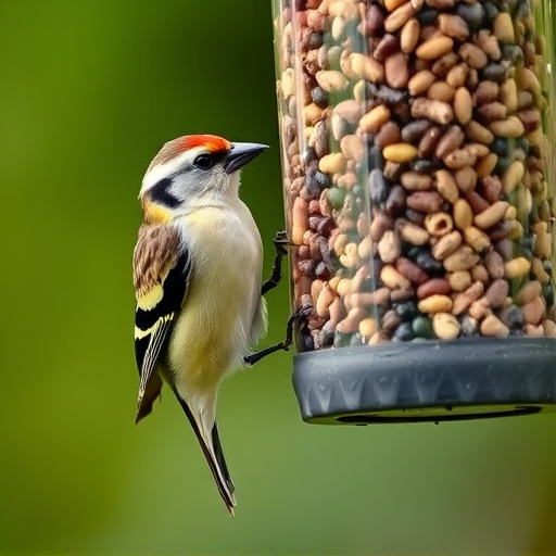 Goldfinch eating from hanging seed tube