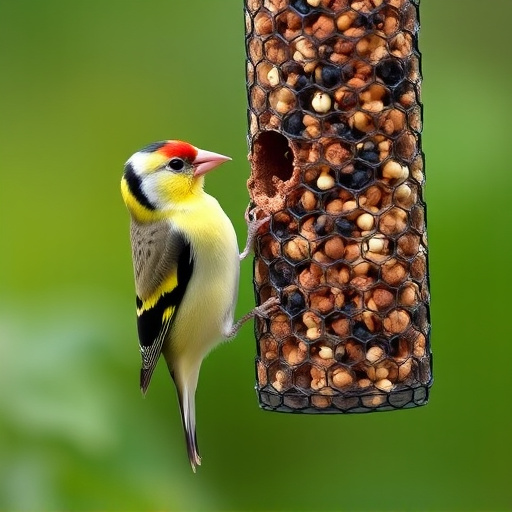 Goldfinch eating from hanging seed tube