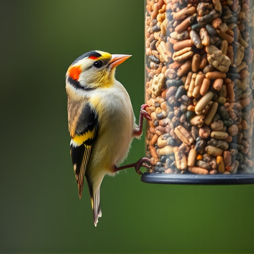 Goldfinch eating from hanging seed tube