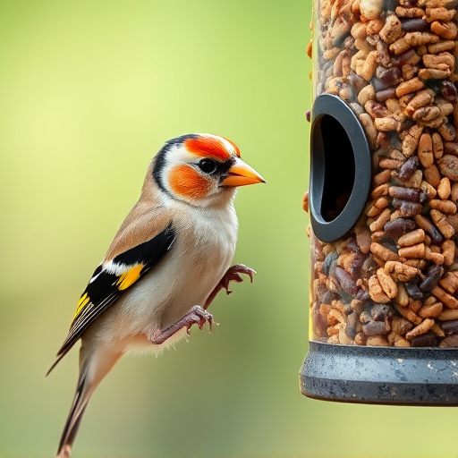 Goldfinch eating from hanging seed tube