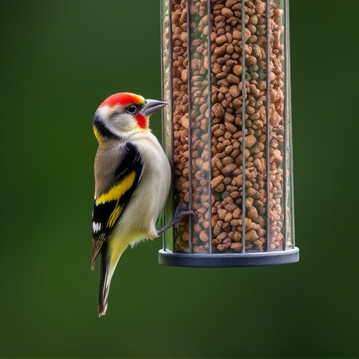 Goldfinch eating from hanging seed tube