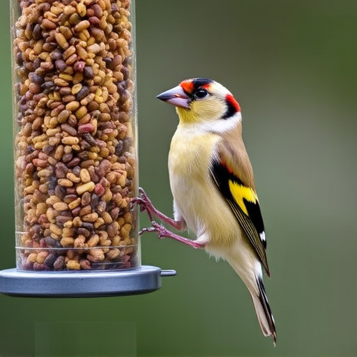 Goldfinch eating from hanging seed tube