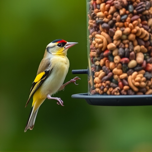 Goldfinch eating from hanging seed tube