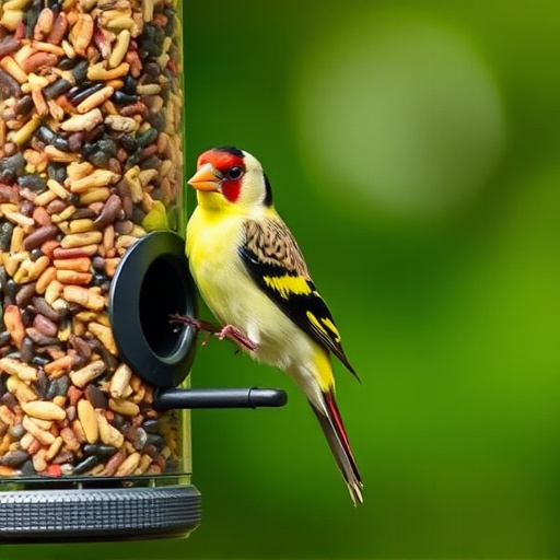 Goldfinch eating from tube seed feeder