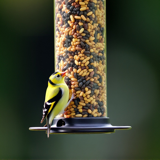 Goldfinch eating from tube seed feeder