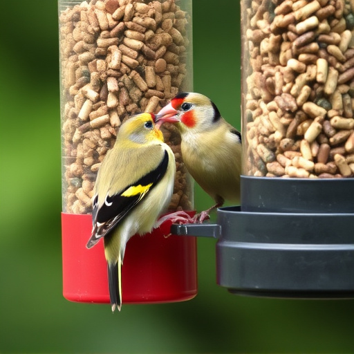 Goldfinch eating from tube seed feeder