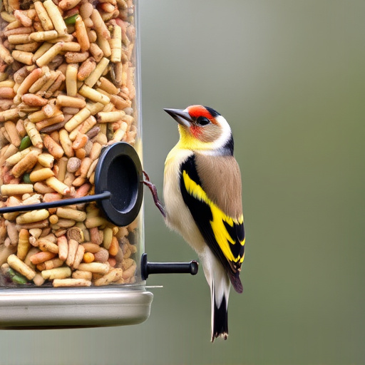 Goldfinch eating from tube seed feeder