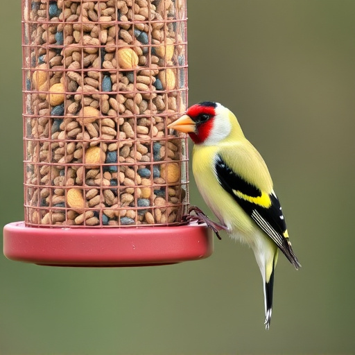 Goldfinch eating from tube seed feeder